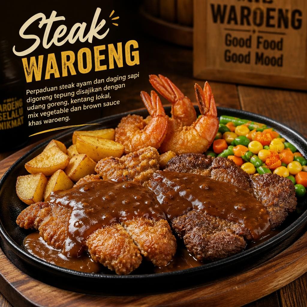 Steak Waroeng dengan perpaduan steak ayam dan daging sapi goreng tepung